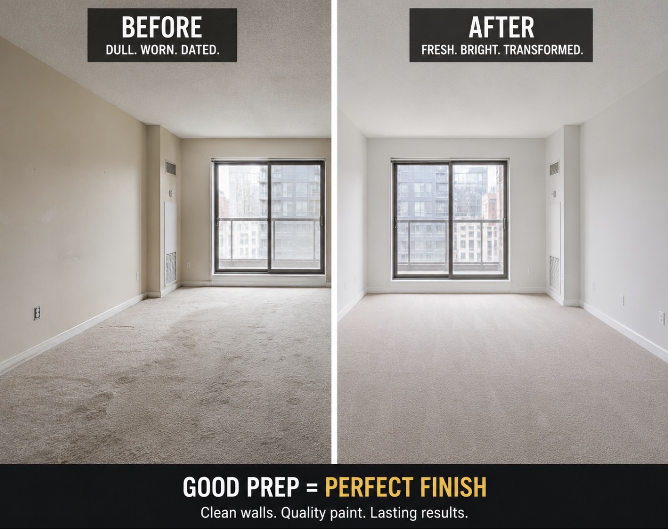 Before and after condo repaint in downtown Toronto — dated beige to crisp white