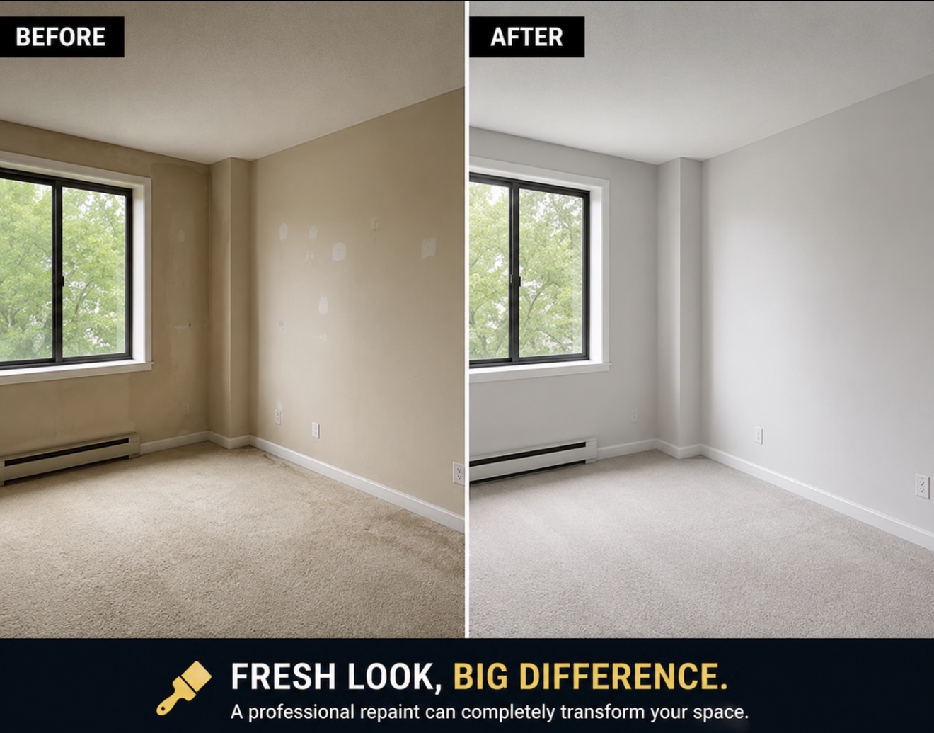 Before and after living room paint job in Toronto — patched walls refreshed to bright neutral